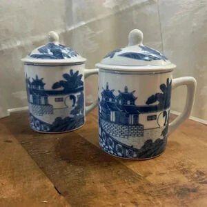Japanese Blue White Coffee Cups With Covers/ Top Set  Of 2 Vintage Style